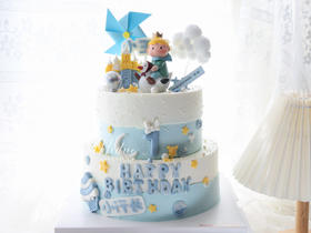 男孩款 周岁小王子 城堡 糖牌 1周岁 蓝色系 双层蛋糕