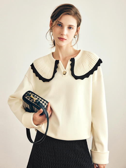 OLrain欧芮儿法式大翻领卫衣女春季2023年新款肌理感撞色减龄上衣 商品图0