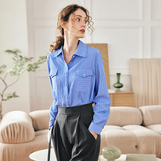 OLrain欧芮儿法式蓝色条纹衬衫女春季2023年新款宽松洋气长袖衬衣 商品图4
