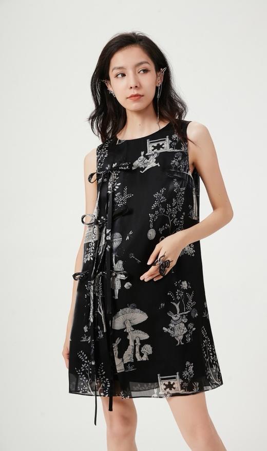 黑色幻境中式花园印花水晶纱蝴蝶飘带连衣裙 商品图1