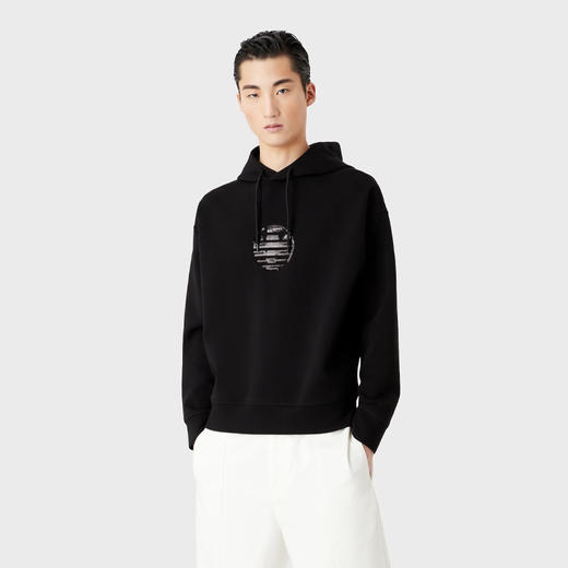EMPORIO ARMANI 阿玛尼 男士棉质装饰亮片双面针织连帽卫衣 黑色 3R1MBI 1JHSZ 0044 商品图1