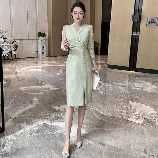 BT-7127 2023春季 气质提花收褶拼接蕾丝落肩绣连衣裙法式茶歇一步裙 商品图1