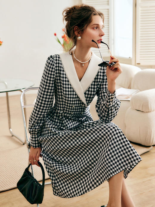 欧芮儿格子连衣裙女夏季2022年新款收腰气质复古赫本风海军领裙子 商品图1