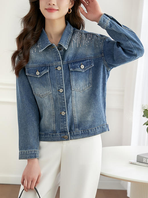 【熙世界】熙世界牛仔外套女ins潮2024春秋款珠片刺绣休闲复古bf风夹克上衣 商品图1