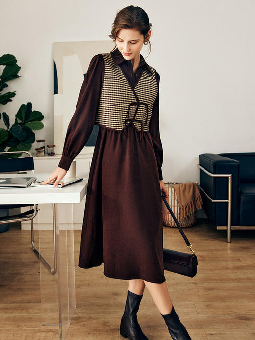 OLrain欧芮儿法式连衣裙时尚套装女秋季2025新款千鸟格马甲两件套 商品图0