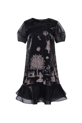 黑色幻境中式花园印花水晶纱泡袖连衣裙