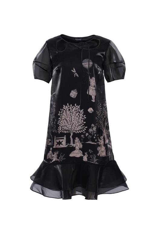 黑色幻境中式花园印花水晶纱泡袖连衣裙 商品图0