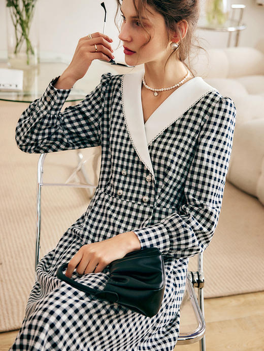 欧芮儿格子连衣裙女夏季2022年新款收腰气质复古赫本风海军领裙子 商品图3