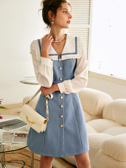 欧芮儿海军领连衣裙女秋季2022年新款收腰时尚法式撞色假两件裙子 商品图1