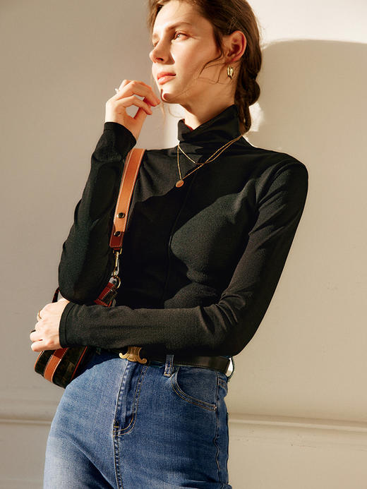 欧芮儿黑色高领针织衫女春季2025年新款修身时尚薄款内搭打底上衣 商品图3