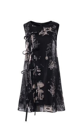 黑色幻境中式花园印花水晶纱蝴蝶飘带连衣裙