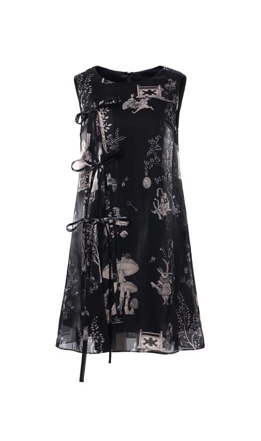 黑色幻境中式花园印花水晶纱蝴蝶飘带连衣裙 商品图0