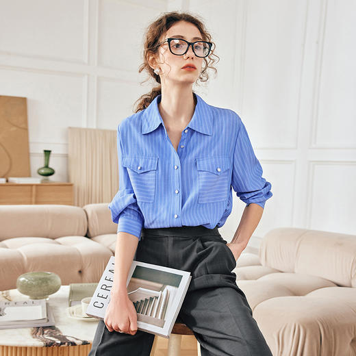 OLrain欧芮儿法式蓝色条纹衬衫女春季2023年新款宽松洋气长袖衬衣 商品图5