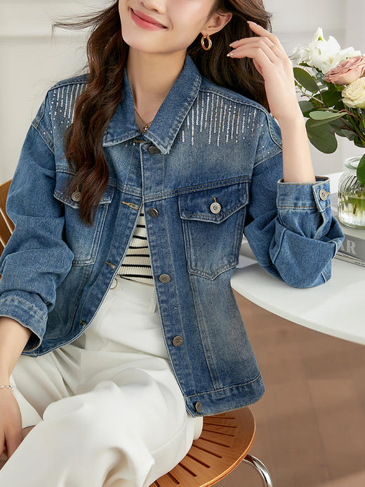 【熙世界】熙世界牛仔外套女ins潮2024春秋款珠片刺绣休闲复古bf风夹克上衣 商品图0