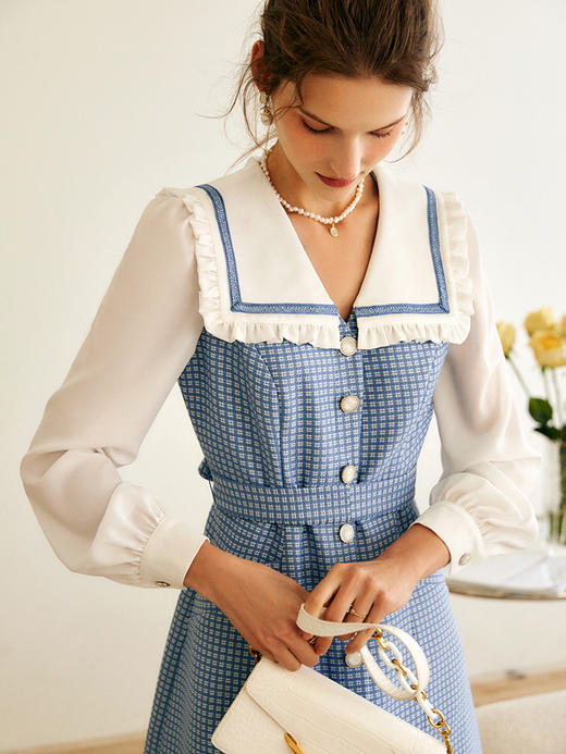 欧芮儿海军领连衣裙女秋季2022年新款收腰时尚法式撞色假两件裙子 商品图2