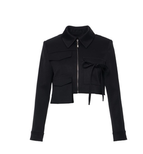 黑色进口缎面醋酸机能风短外套