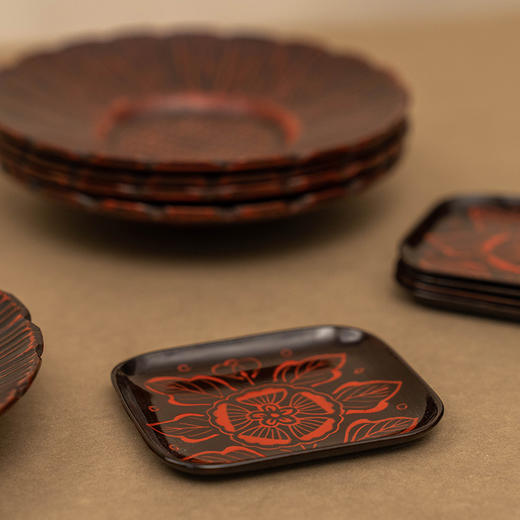 朱漆葵花形杯托及方形茶点盘成套（五客十件） 商品图2