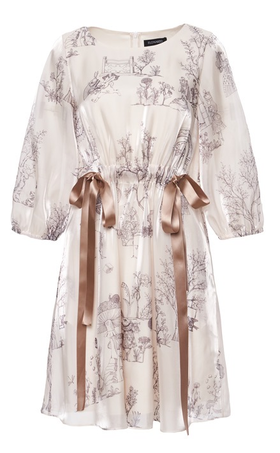 香槟色幻境中式花园印花水晶纱泡袖连衣裙