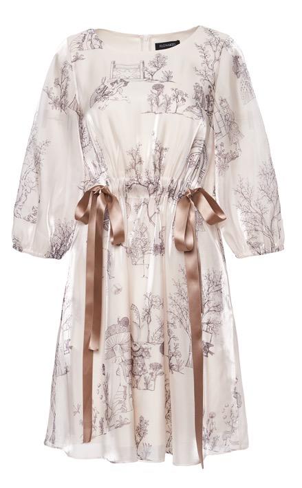 香槟色幻境中式花园印花水晶纱泡袖连衣裙 商品图0