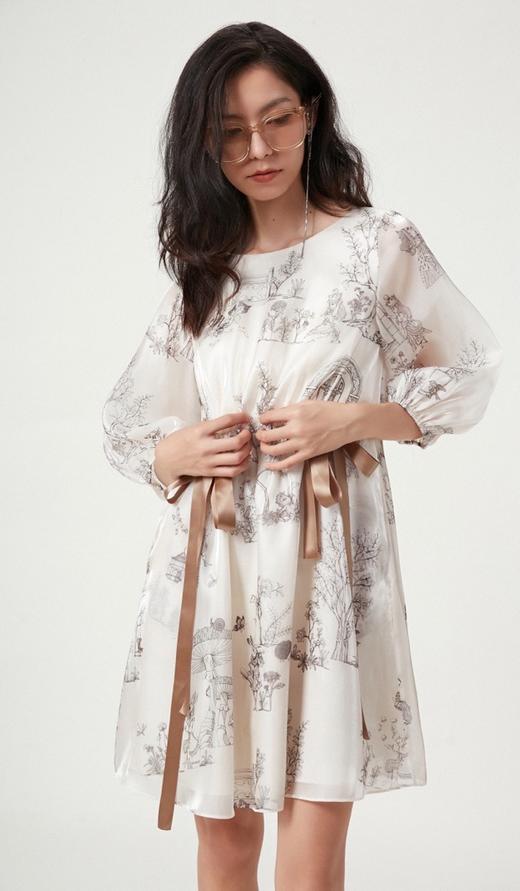 香槟色幻境中式花园印花水晶纱泡袖连衣裙 商品图1