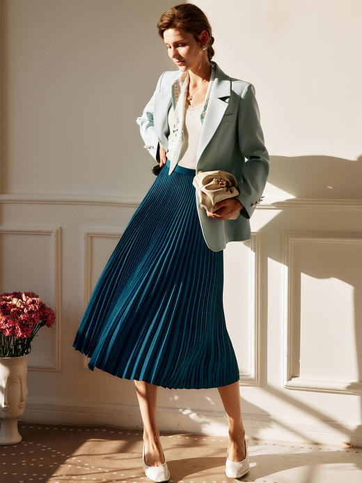 Olrain欧芮儿孔雀蓝半身裙女夏季2022年新款高腰气质百褶a字摆裙 商品图0