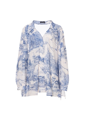 蓝色东西方花园乔其纱露背衬衣