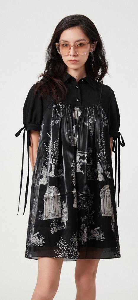 黑色幻境中式花园印花水晶纱假两件连衣裙 商品图1