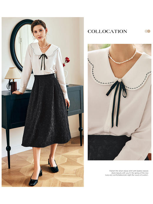 OLrain欧芮儿法式白色雪纺蕾丝衫女秋冬2022年新款甜美娃娃领小衫 商品图0