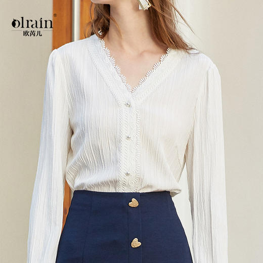 OLrain欧芮儿法式白色长袖衬衫女早春2023新款设计感小众V领衬衣 商品图0