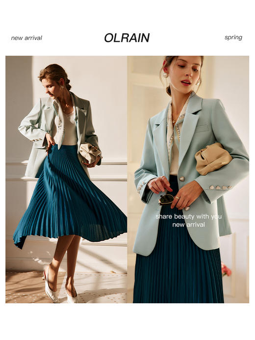 Olrain欧芮儿孔雀蓝半身裙女夏季2022年新款高腰气质百褶a字摆裙 商品图1