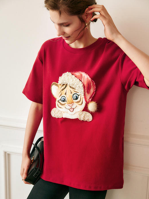 OLrain法式虎头T恤女夏季2022年新款宽松减龄设计感重工圆领上衣 商品图0