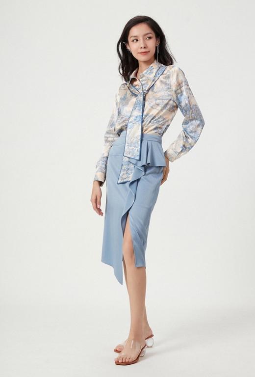 蓝色缎面醋酸不规则收褶直筒裙 商品图2