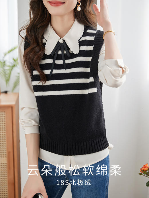 【专属特价】熙世界条纹针织衫马甲套装女2025春装新款无袖背心上衣衬衫两件套 商品图1