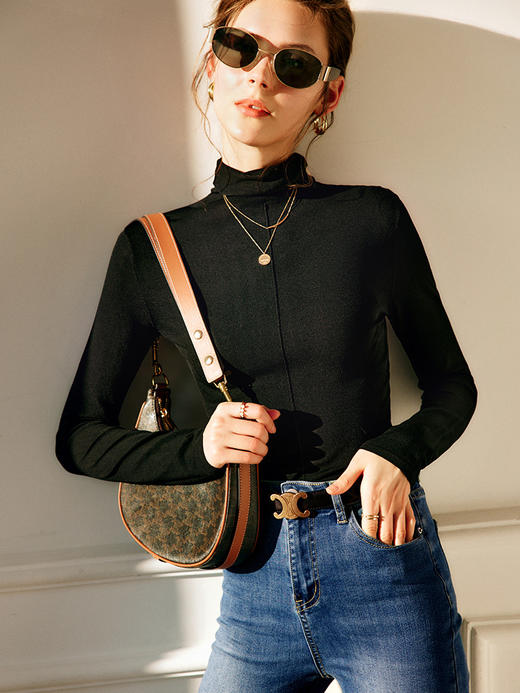 欧芮儿黑色高领针织衫女春季2025年新款修身时尚薄款内搭打底上衣 商品图0