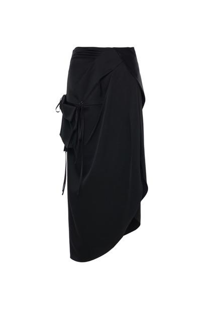 黑色进口缎面醋酸不规则收褶长半裙 商品图0