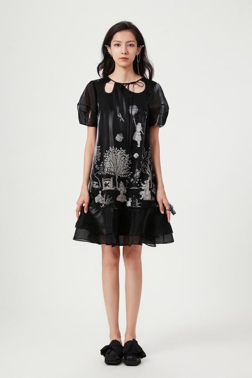 黑色幻境中式花园印花水晶纱泡袖连衣裙 商品图2