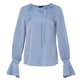 蓝色缎面醋酸镂空领口衬衣