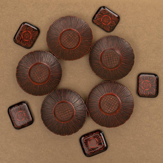 朱漆葵花形杯托及方形茶点盘成套（五客十件） 商品图4