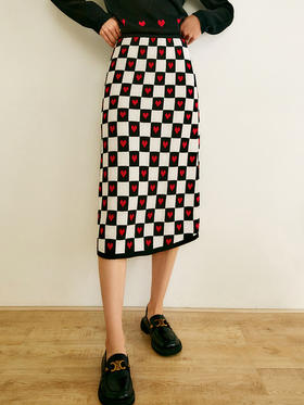 欧芮儿棋盘格针织半身裙女夏季2022年新款高腰气质复古直筒包臀裙