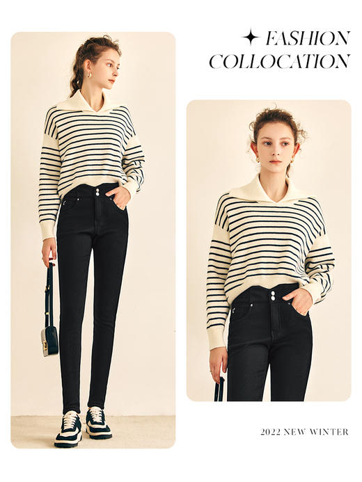 OLrain欧芮儿法式黑色加绒牛仔裤女春2025年新款高腰紧身小脚裤 商品图0