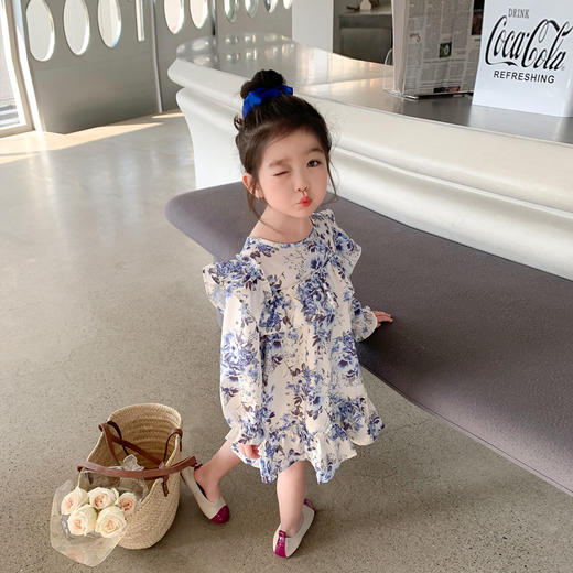 HNSBY31160 2023春秋新款女童碎花连衣裙韩版童装儿童宝宝荷叶花边长袖公主裙 商品图3