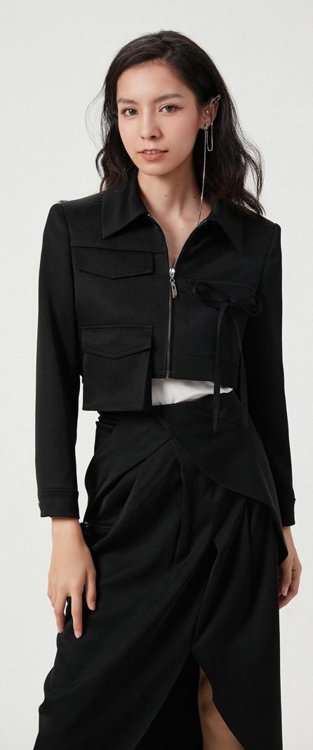 黑色进口缎面醋酸机能风短外套 商品图2