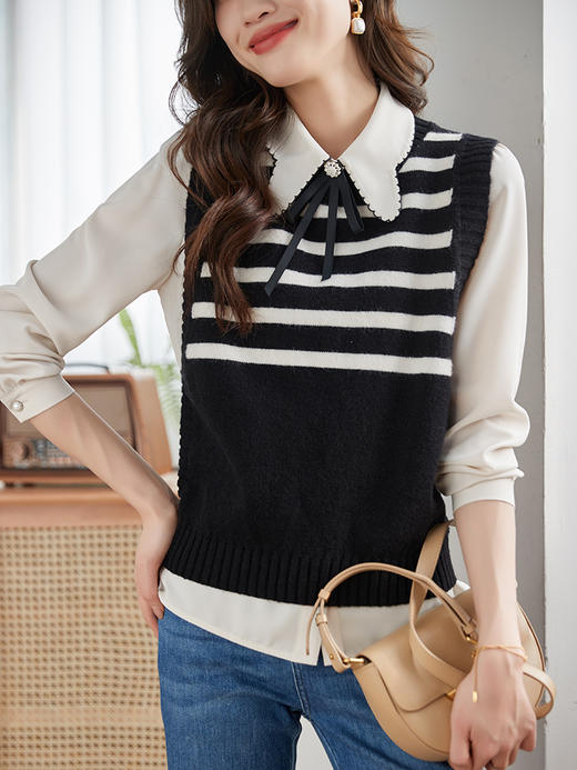 【专属特价】熙世界条纹针织衫马甲套装女2025春装新款无袖背心上衣衬衫两件套 商品图2
