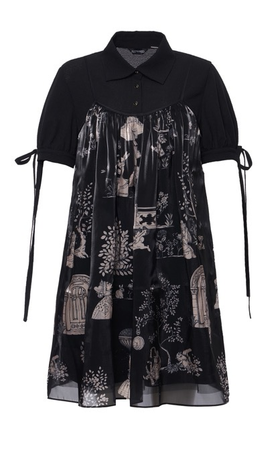 黑色幻境中式花园印花水晶纱假两件连衣裙