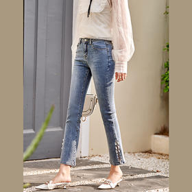 OLrain欧芮儿法式蓝色牛仔裤女早春2023年新款高腰开叉九分喇叭裤