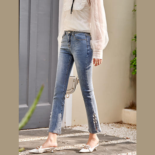 OLrain欧芮儿法式蓝色牛仔裤女早春2023年新款高腰开叉九分喇叭裤 商品图0
