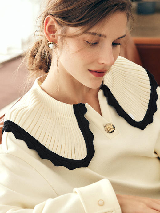 OLrain欧芮儿法式大翻领卫衣女春季2023年新款肌理感撞色减龄上衣 商品图1