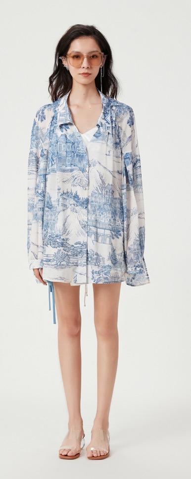 蓝色东西方花园乔其纱露背衬衣 商品图1