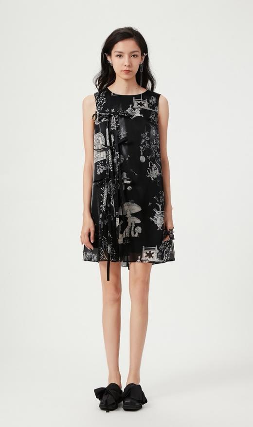 黑色幻境中式花园印花水晶纱蝴蝶飘带连衣裙 商品图2