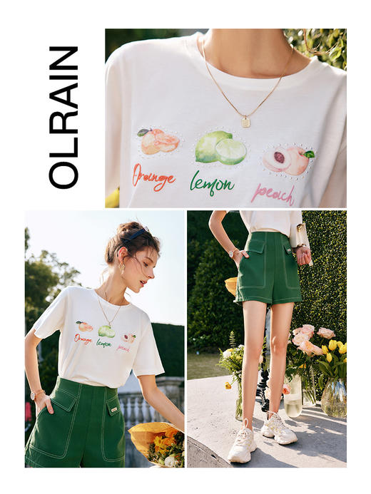 欧芮儿短袖t恤女夏季2022新款宽松时尚水果印花纯棉圆领休闲上衣 商品图3